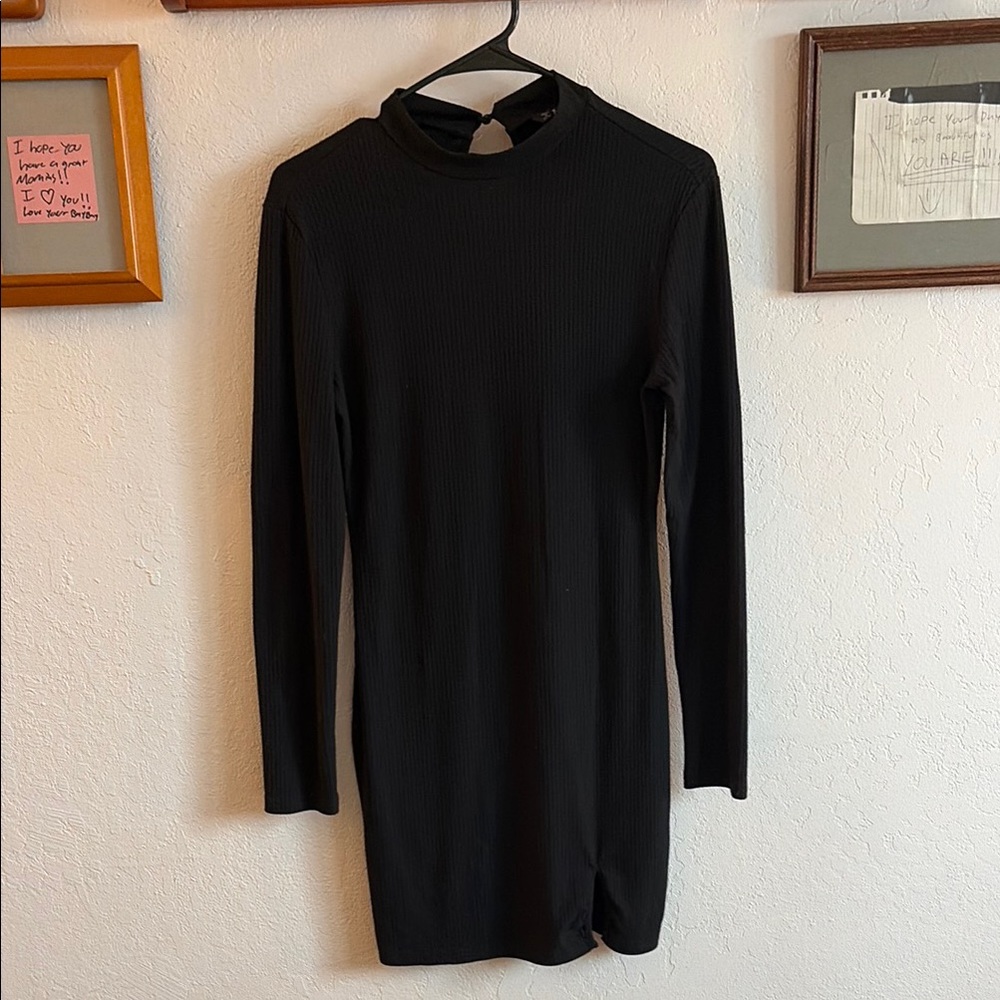 Body Con Ribbed, Black Long Sleeve Dress